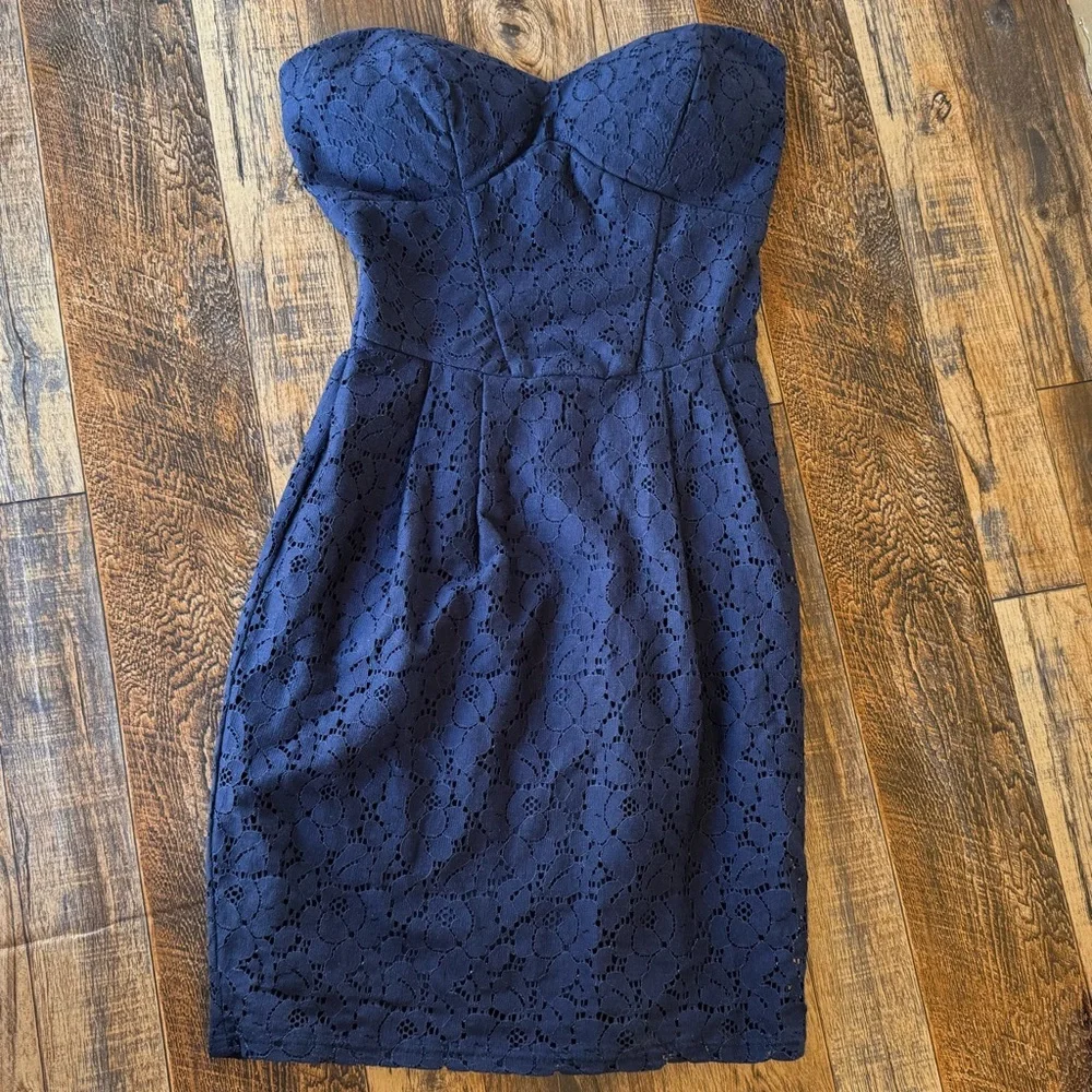 Y2K B Darlin Navy Lace Strapless Dress Size 1/2‎ Fit & Flare Sweetheart Corset